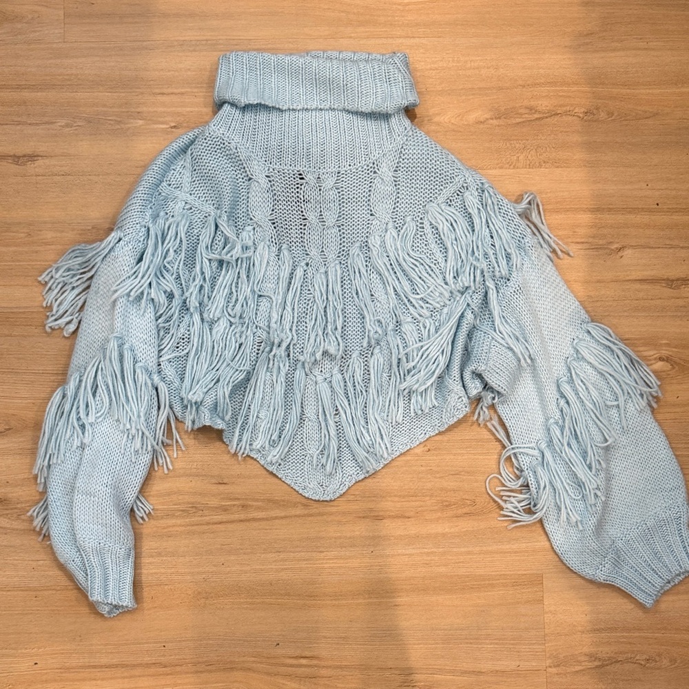 Fashion Nova Light Blue Fringe Turtleneck Sweater